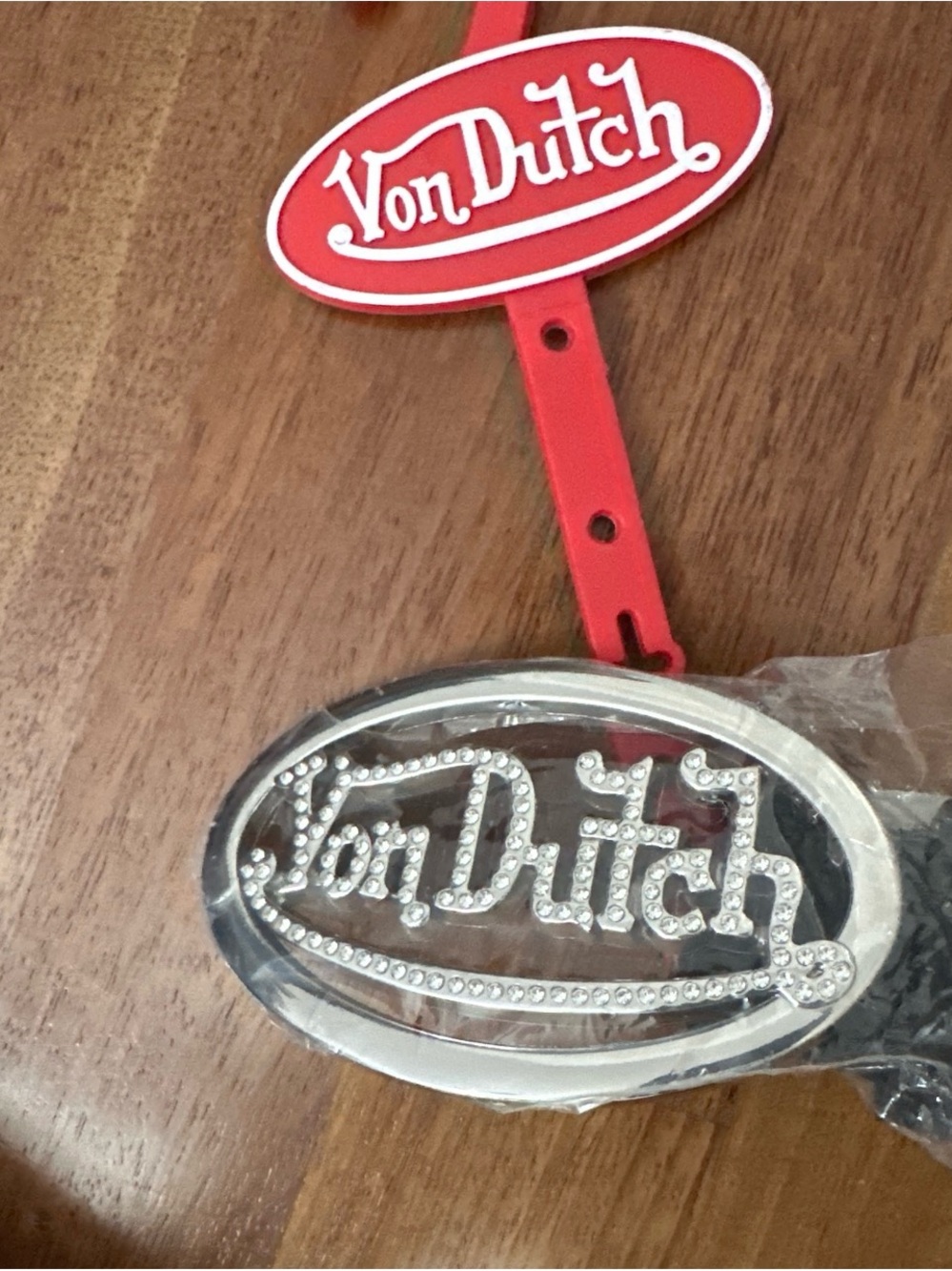 Von Dutch Red and Silver Rhinestone Logo Belt Accent